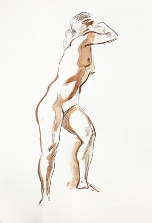 Model standing, black pencil and watercolor on paper
