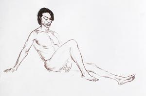Resting male nude,charcoal and watercolor on paper