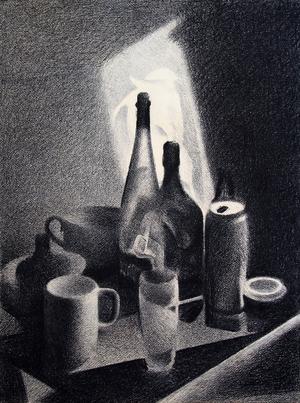 Still Life with Beer Can, 1993, charcoal on paper, 26 x 19.5 in