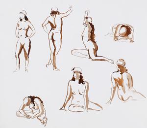 Model in various poses, watercolor on paper