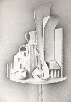 Architectura (White Still Life-2) 2014, tempera and colored pencils on board, 24 x 34.5 in
