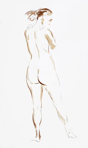 Standing girl, black pencil and watercolor on paper