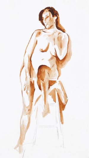 Seated nude , black pencil and watercolor on paper