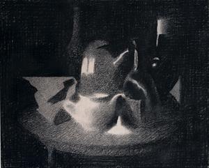 Still Life with Teapot and Black Bottles, charcoal on paper, 17.5 x 21 in