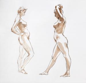 Two sketches from standing model, pencil and watercolor on paper